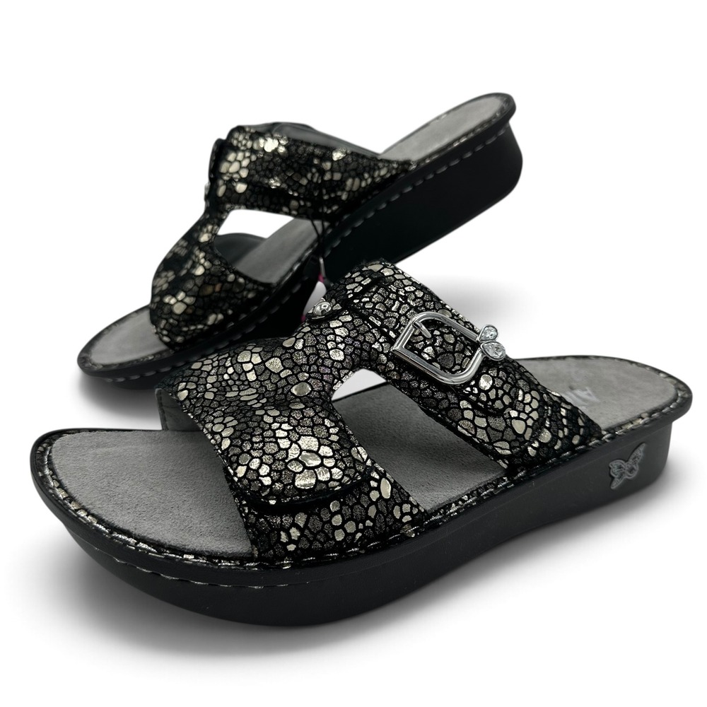 Alegria PEG-780 Black Silver Metallic Leather Slide Sandals Rhinestone Buckle 41